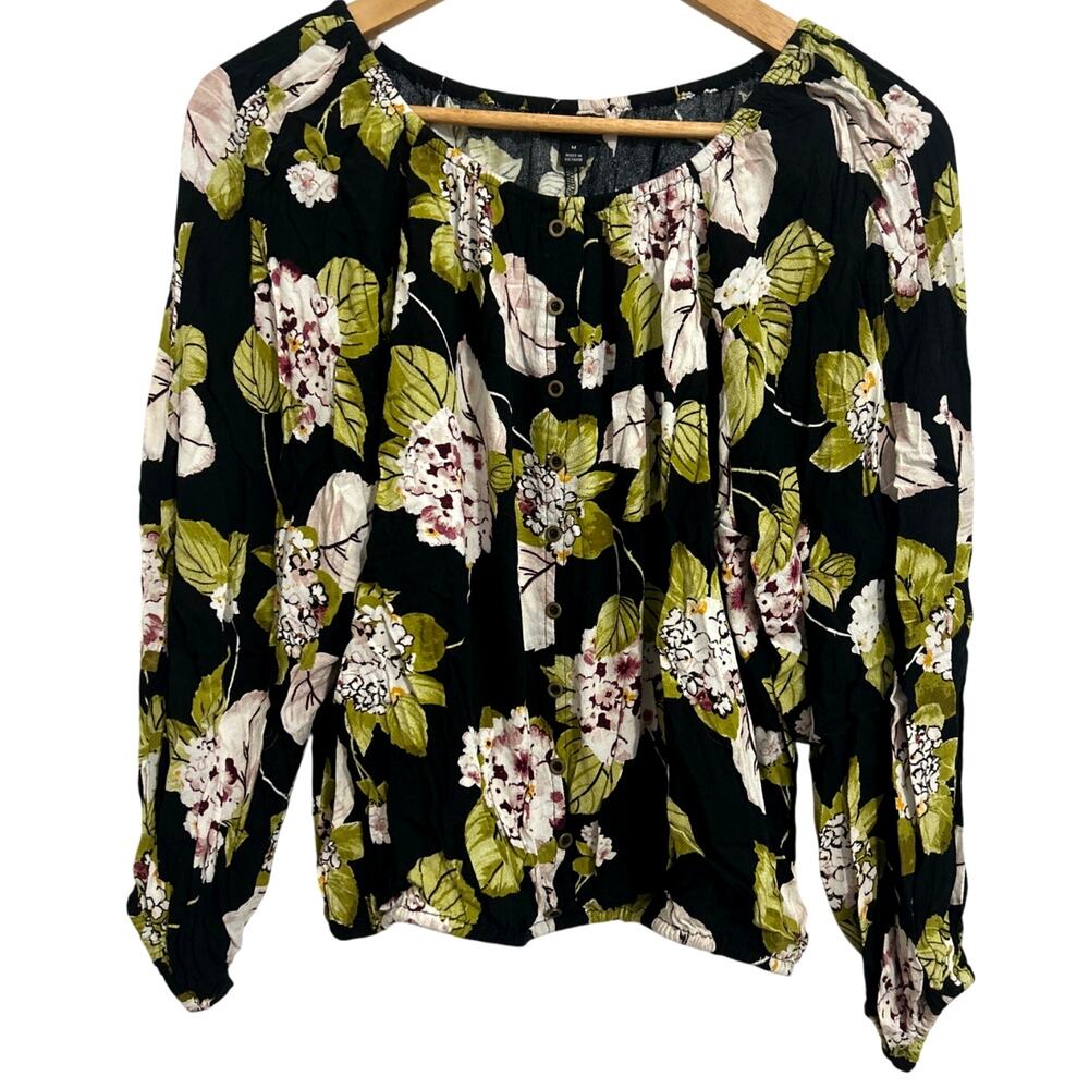 ANA A New Approach Black Floral Long Balloon Sleeve Button Up Blouse Medium